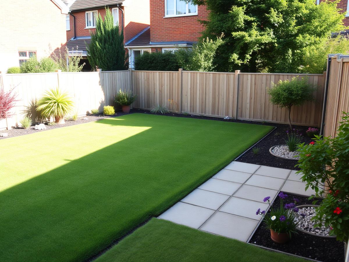 A neat, common British residential garden with lawn and patio