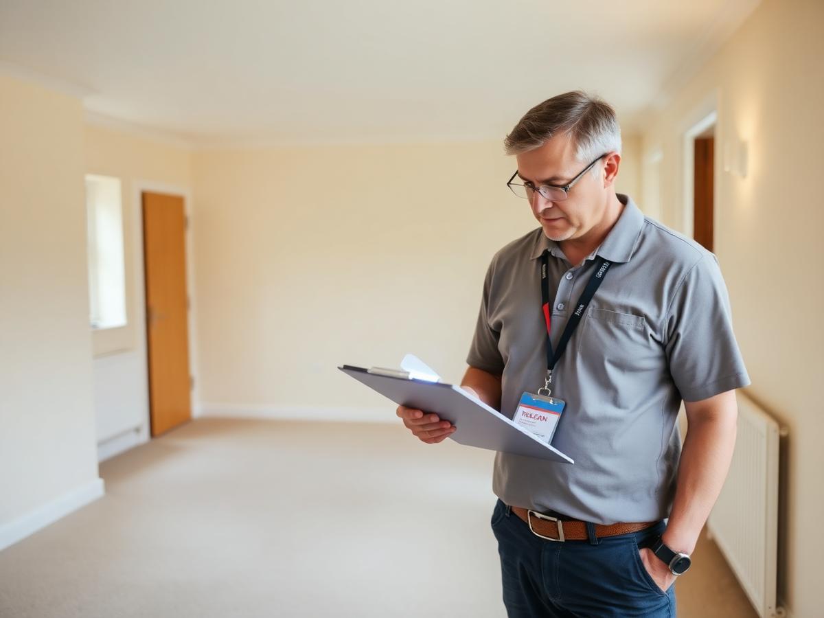 A professional property inspector reviewing a clipboard in a clean, empty British home